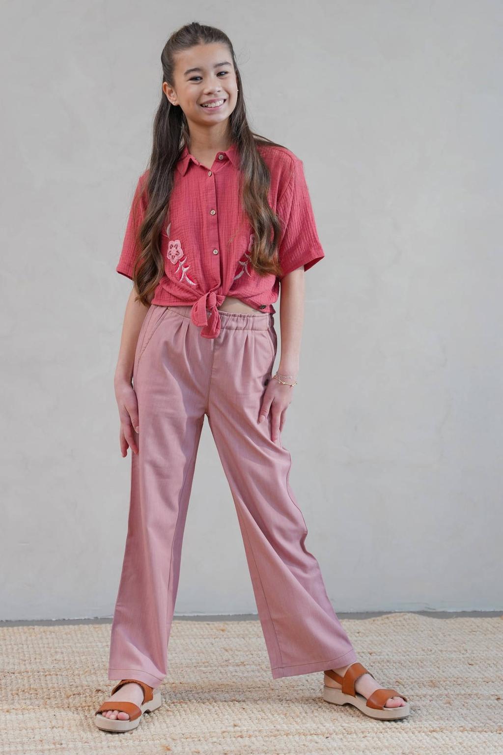 Oudroze meisjes Like Flo straight casual broek van katoen met regular waist, elastische tailleband met koord en effen