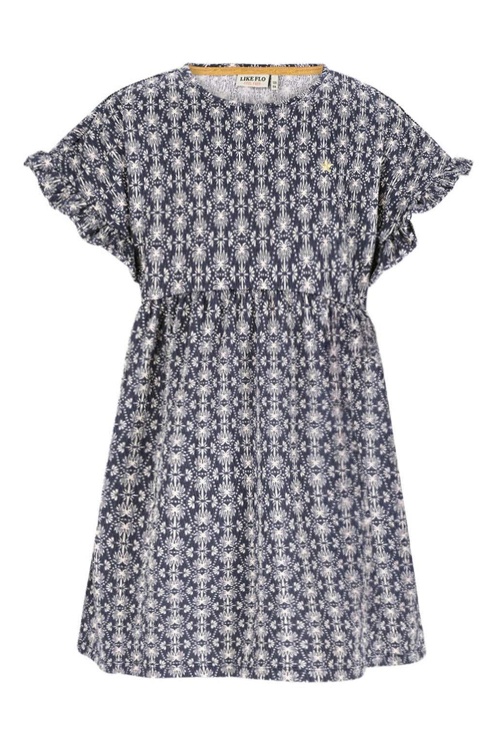 Donkerblauw en ecru meisjes Like Flo A-lijn jurk van polyester met korte mouwen en ronde hals