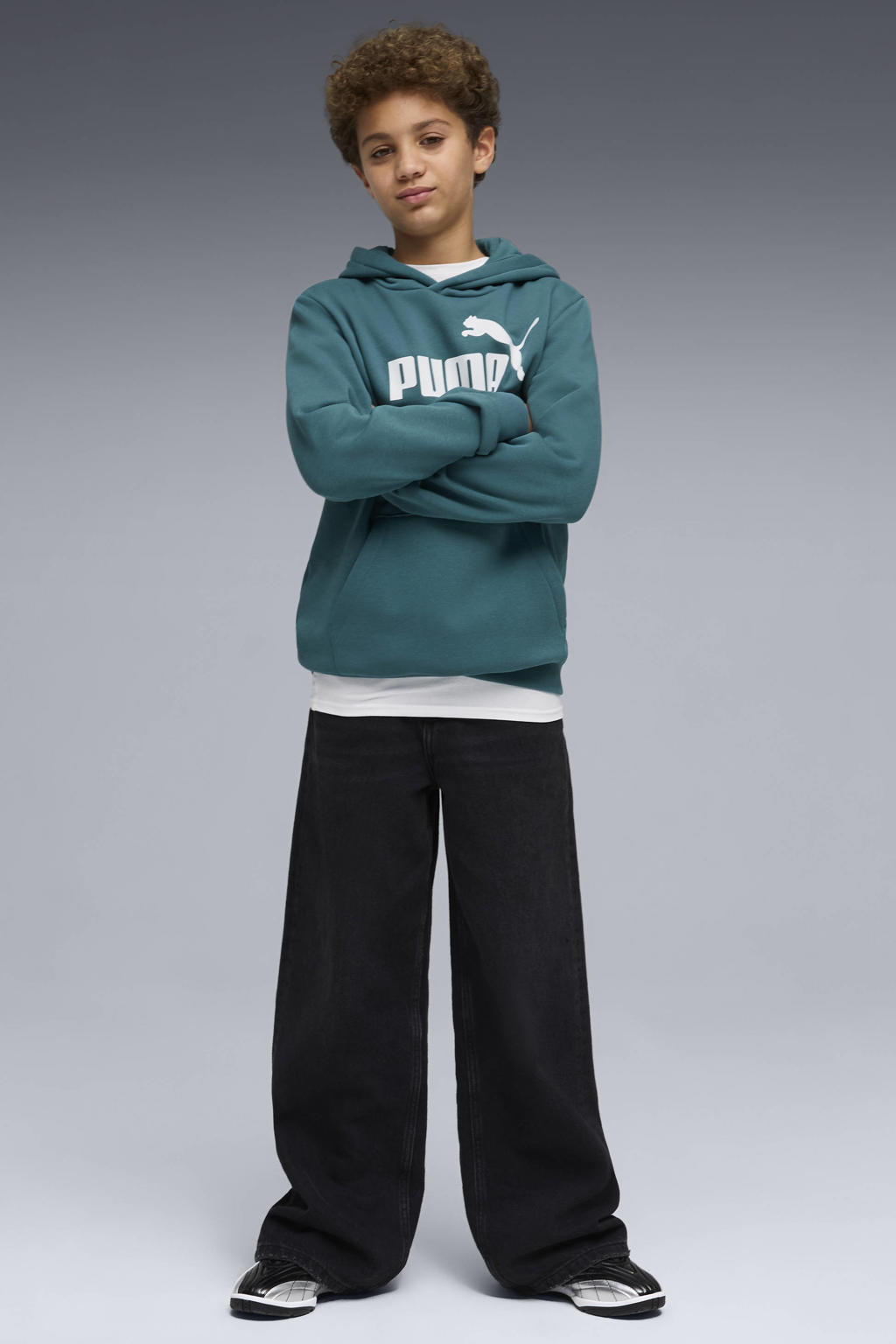 Petrolkleurige jongens Puma hoodie van katoen met logo dessin, lange mouwen en capuchon