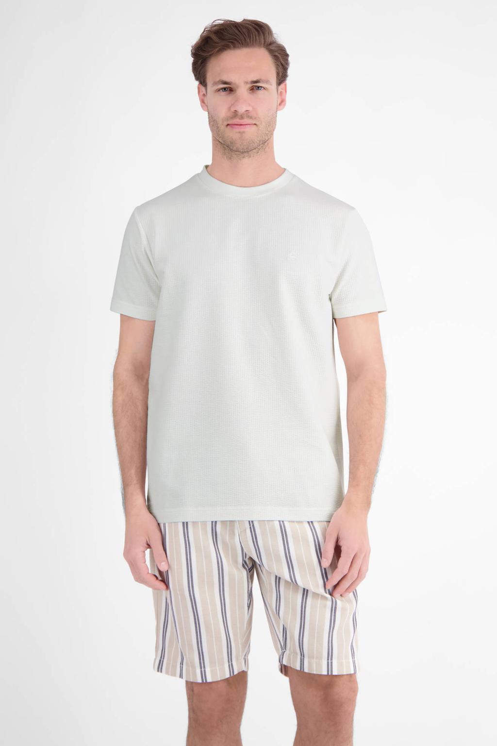 Ecru heren LERROS regular fit T-shirt van katoen met effen, korte mouwen, ronde hals en seersucker