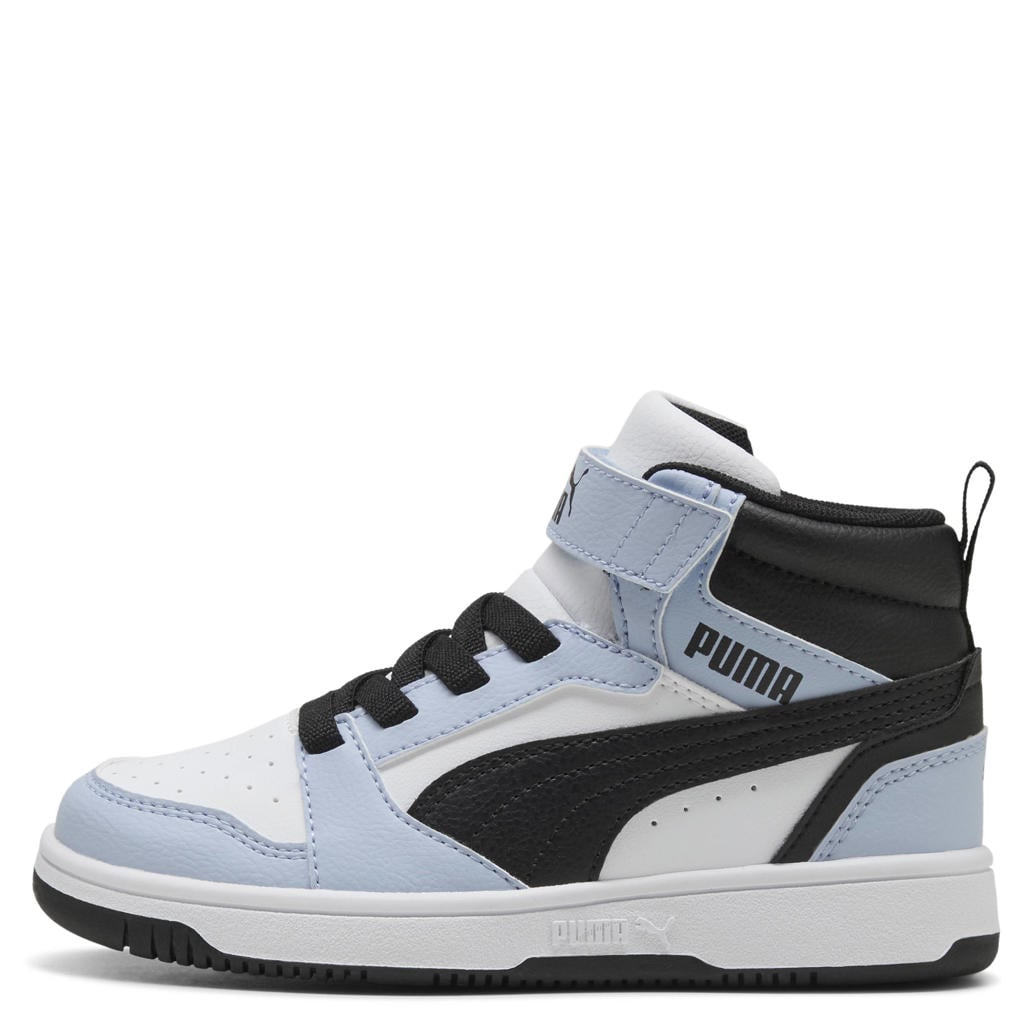 Wit en lichtblauwe jongens en meisjes Puma Rebound V6 Mid sneakers van imitatieleer/voering: mesh/voetbed: eva met elastische veter- met klittenbandsluiting