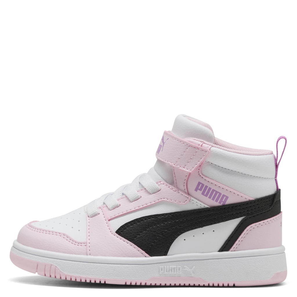Roze en witte jongens en meisjes Puma Rebound V6 Mid sneakers van imitatieleer/voering: mesh/voetbed: eva met elastische veter- met klittenbandsluiting