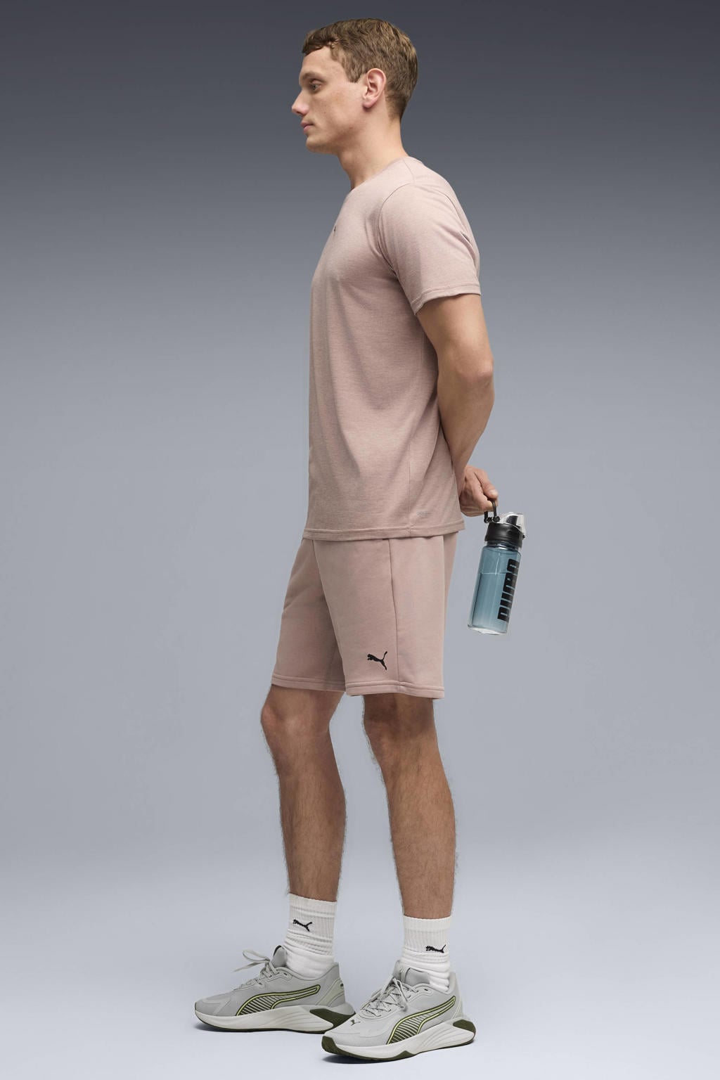 Beige heren Puma sportshort van katoen met regular waist en elastische tailleband met koord