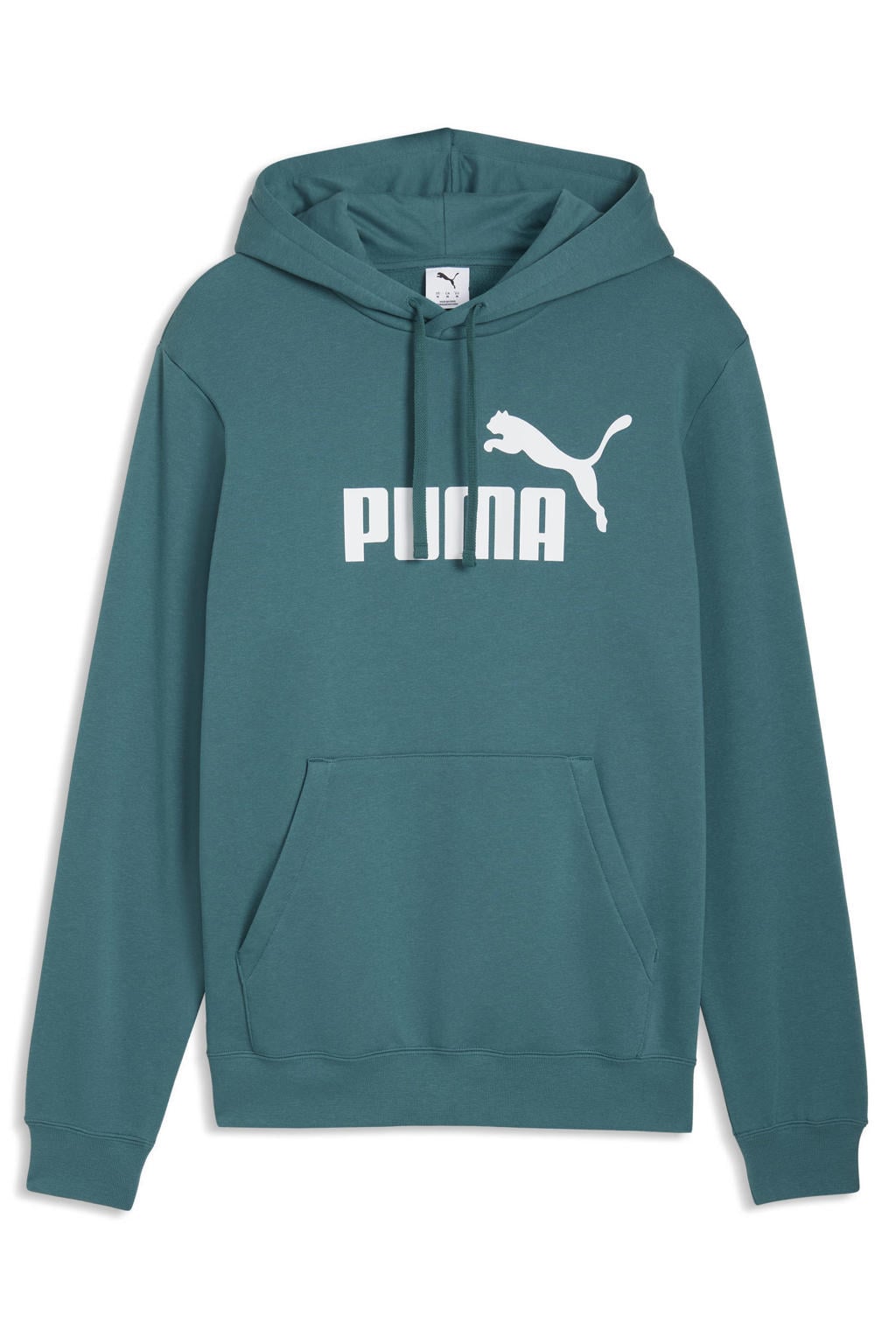 Petrolkleurige heren Puma hoodie van sweat materiaal met logo dessin, lange mouwen en capuchon