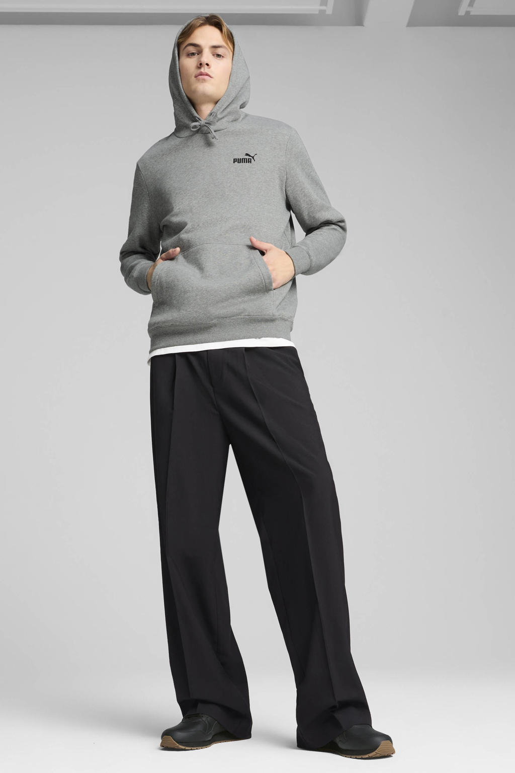 Grijze heren Puma hoodie van sweat materiaal met effen, lange mouwen en capuchon
