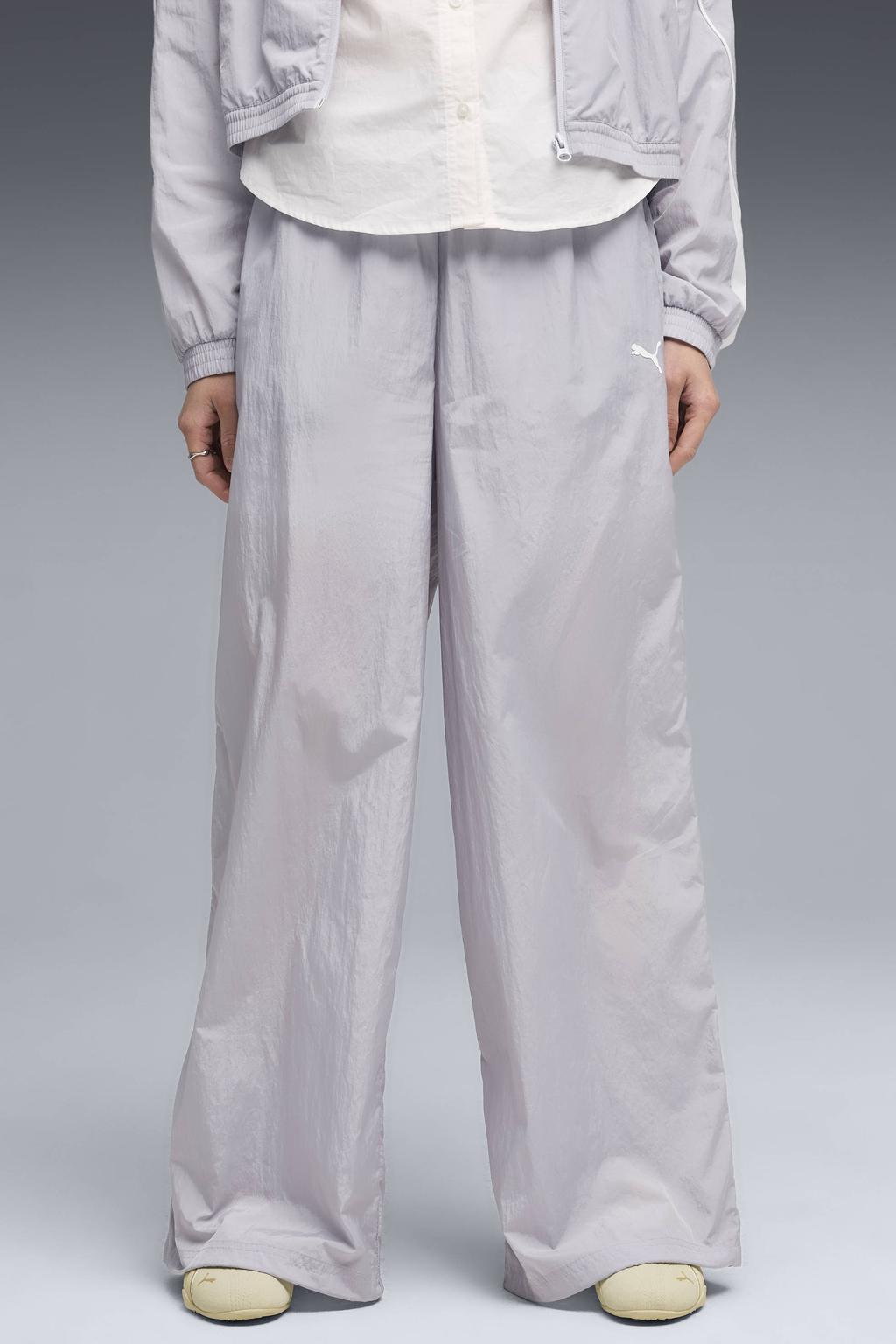 Lichtgrijze dames Puma trainingsbroek van polyester met wijde pijpen, regular waist en effen