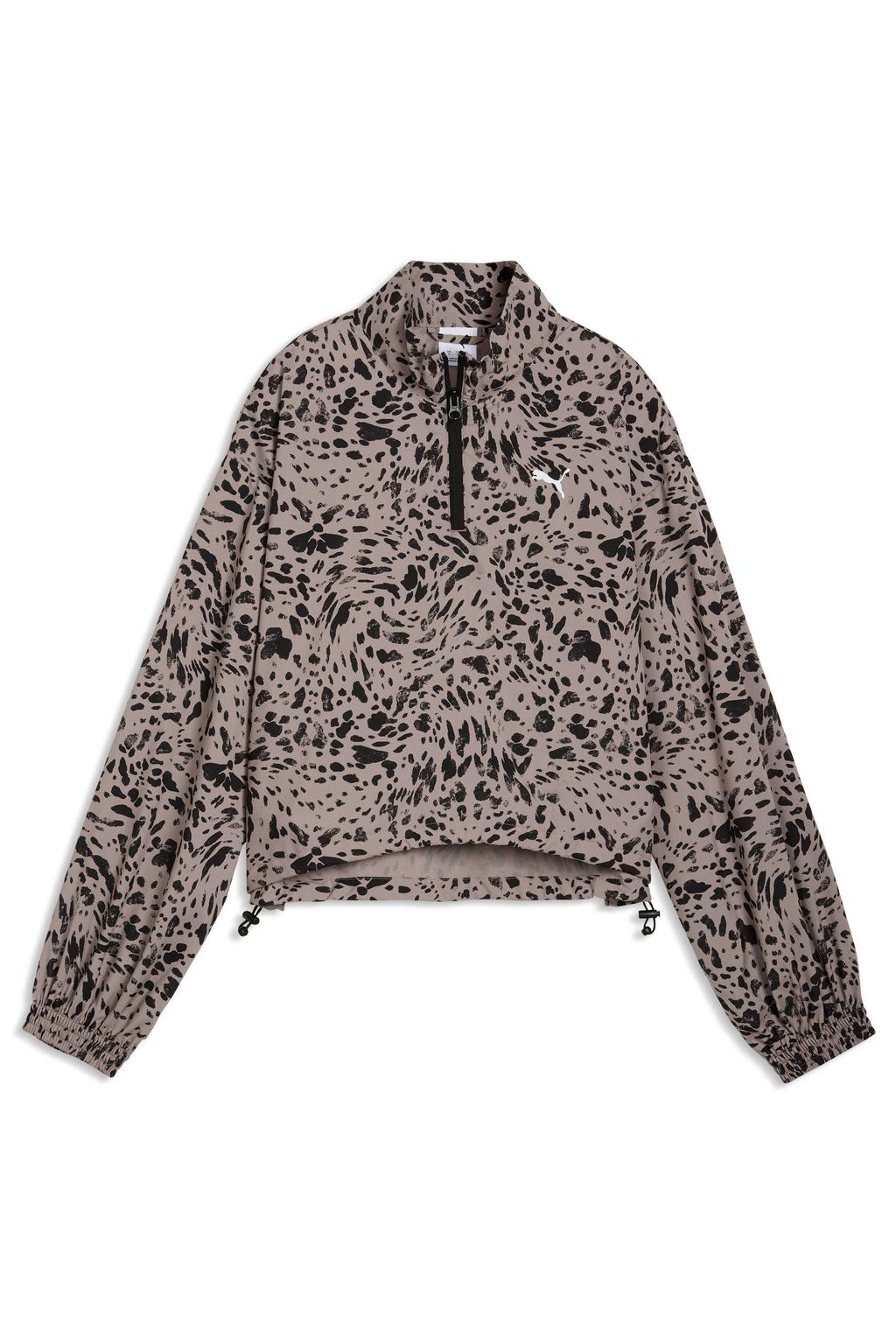 Zand en zwarte dames Puma sweater van polyester met dierenprint, lange mouwen, opstaande kraag en halve rits