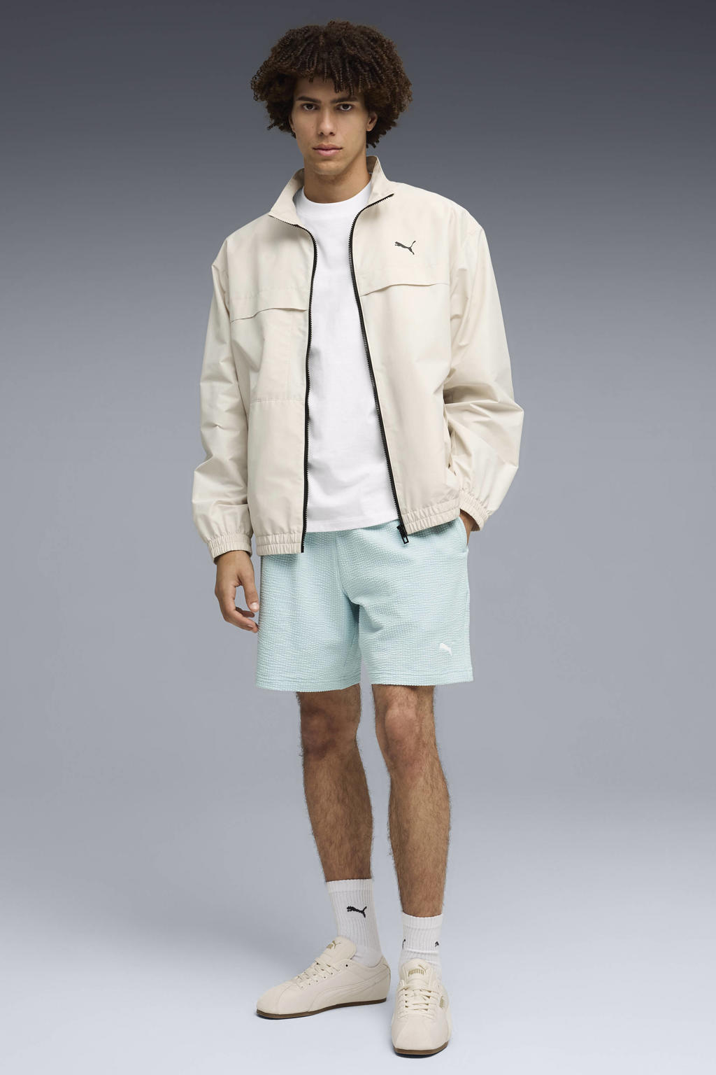 Lichtblauwe heren Puma Essentials Elevated short van katoen met regular fit, regular waist en effen