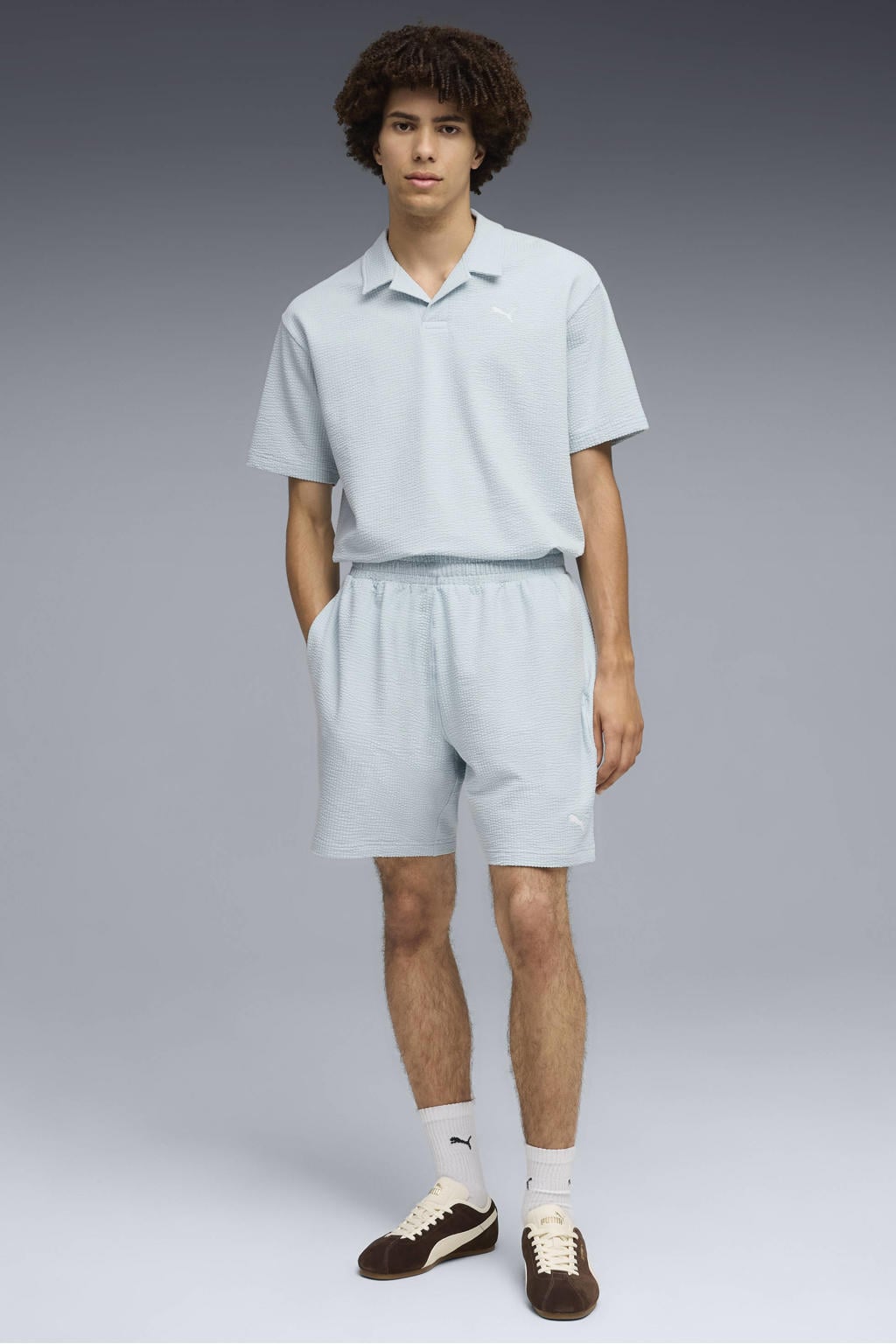 Lichtblauwe heren Puma Essentials Elevated polo van katoen met effen, korte mouwen en klassieke kraag
