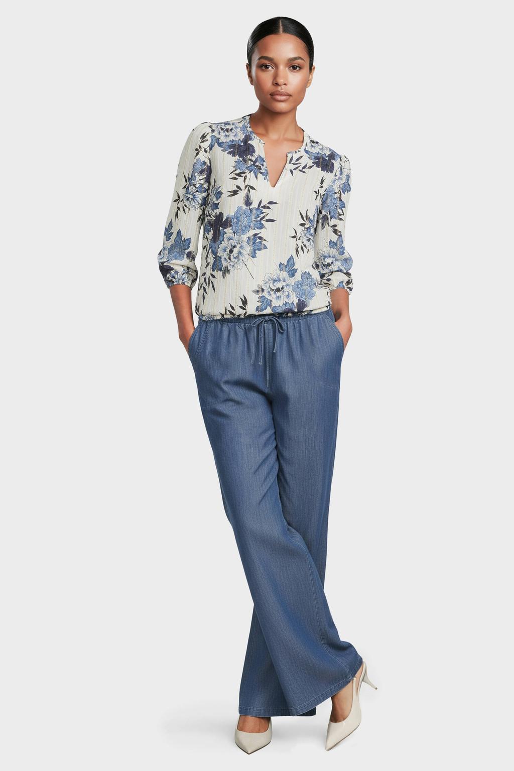 Blauw, ecru en gouden dames Dreamstar gebloemde blousetop van viscose met driekwart mouwen, V-hals, elastische tailleband en lurex