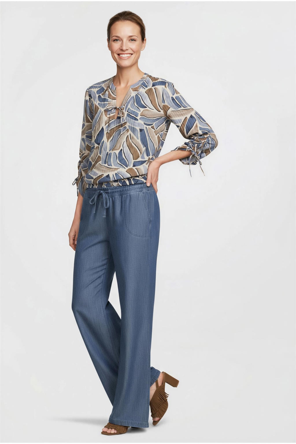 Blauw en bruine dames Dreamstar blousetop van viscose met driekwart mouwen, V-hals, elastische tailleband en rijgdetail