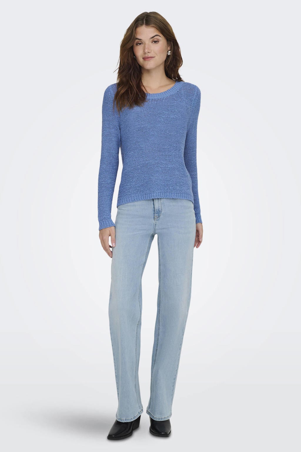 Lichtblauwe dames ONLY pullover grof gebreid van acryl met effen en lange mouwen