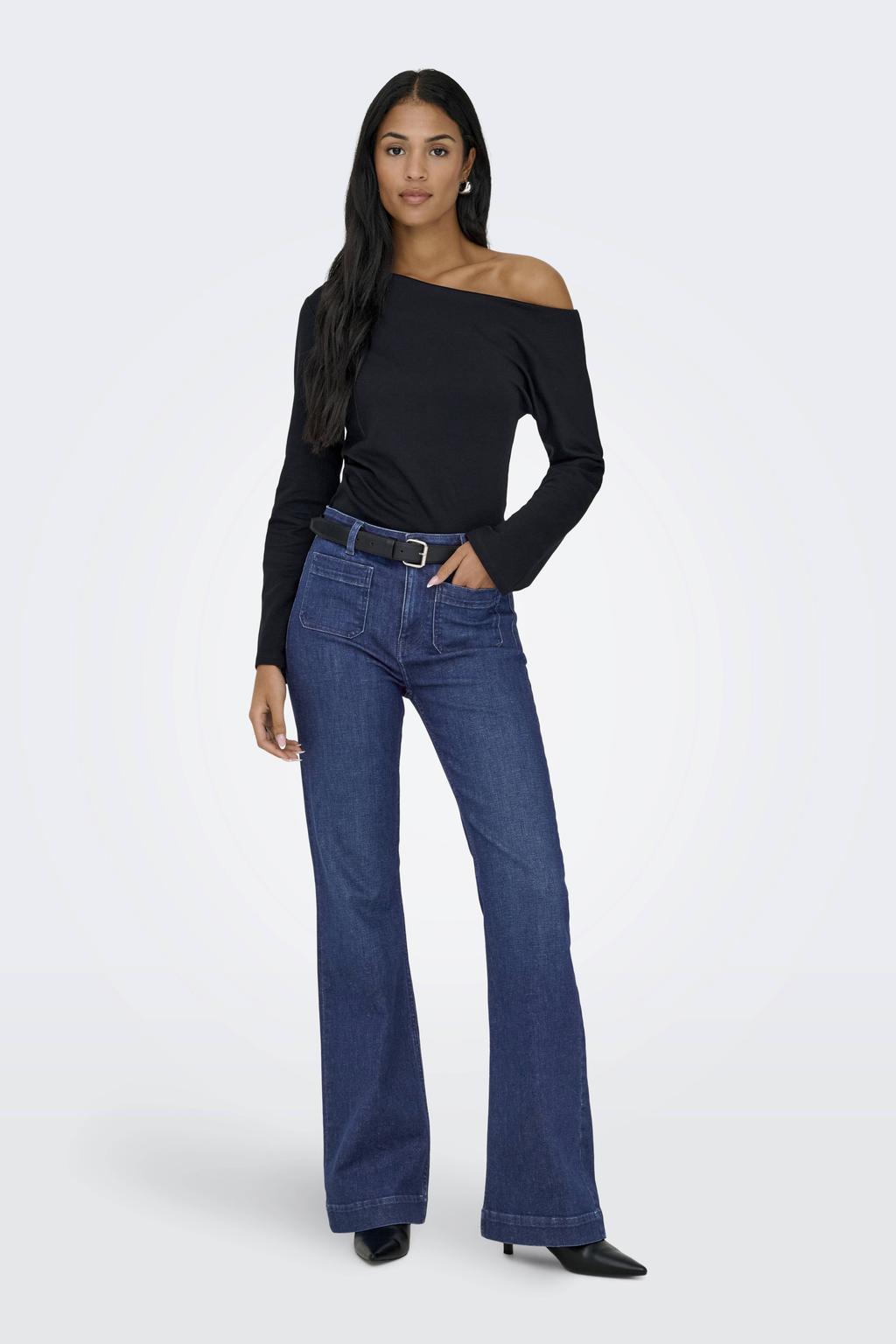 Dark blue denim dames ONLY high waist flared jeans dark blue van denim met rits- en knoopsluiting en effen