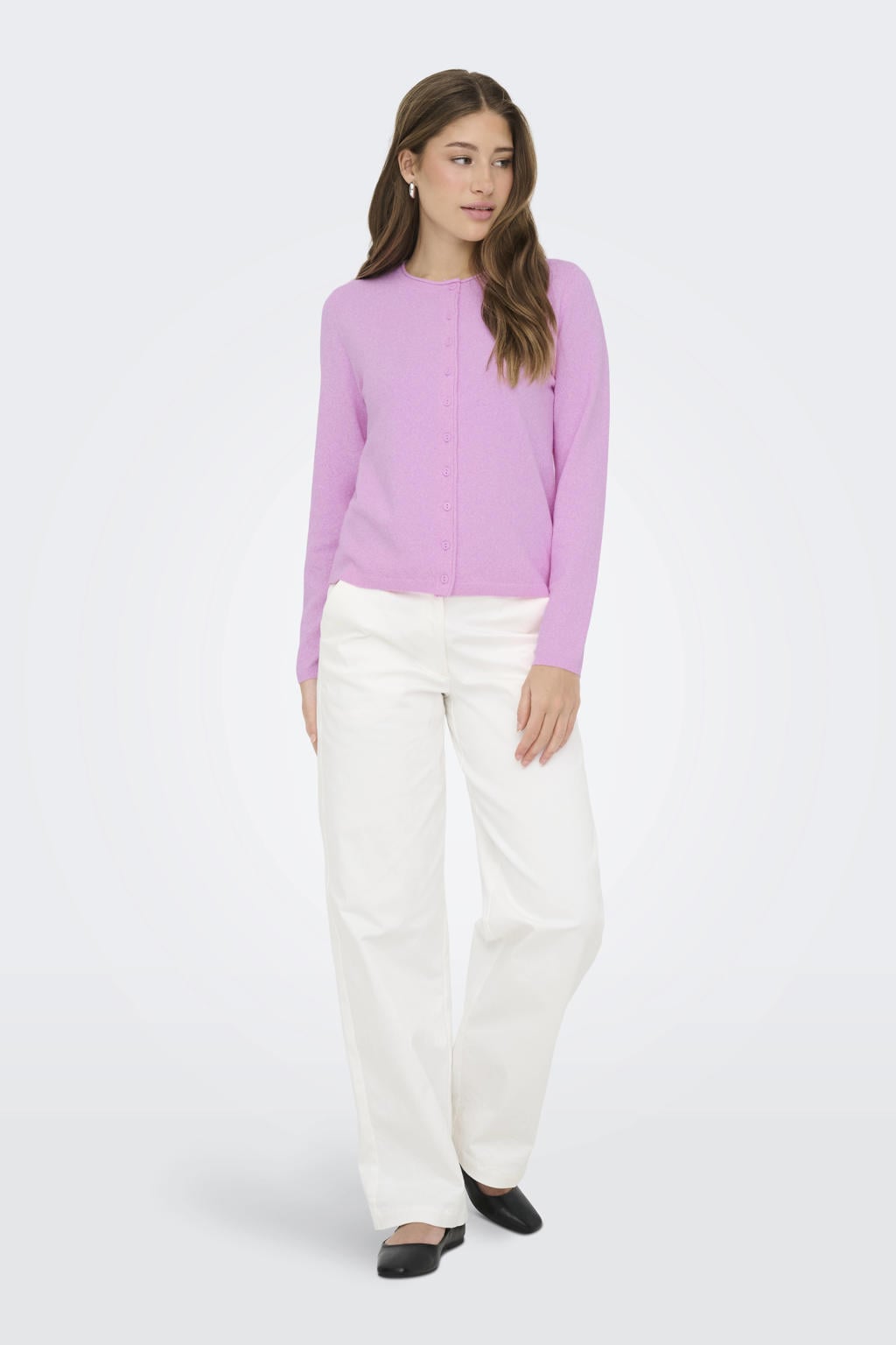 Lilakleurige dames ONLY vest gebreid met lange mouwen, ronde hals en knoopsluiting
