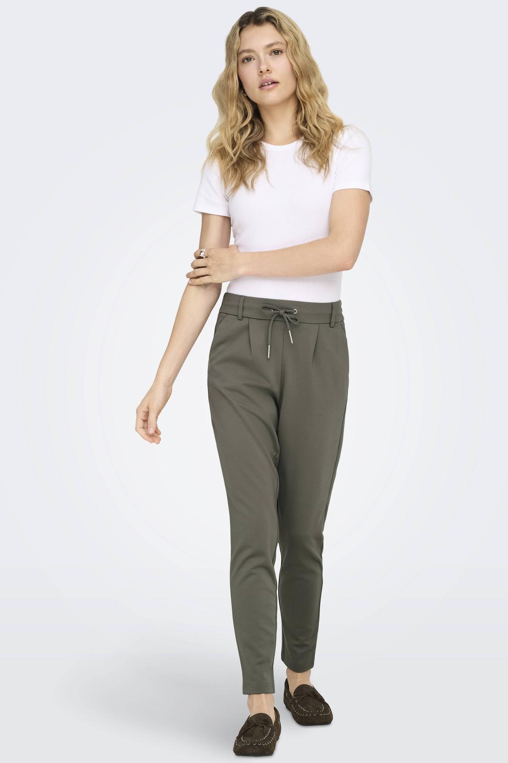 Olijfgroene dames ONLY tapered regular waist pantalon van viscose met elastische tailleband met koord en effen