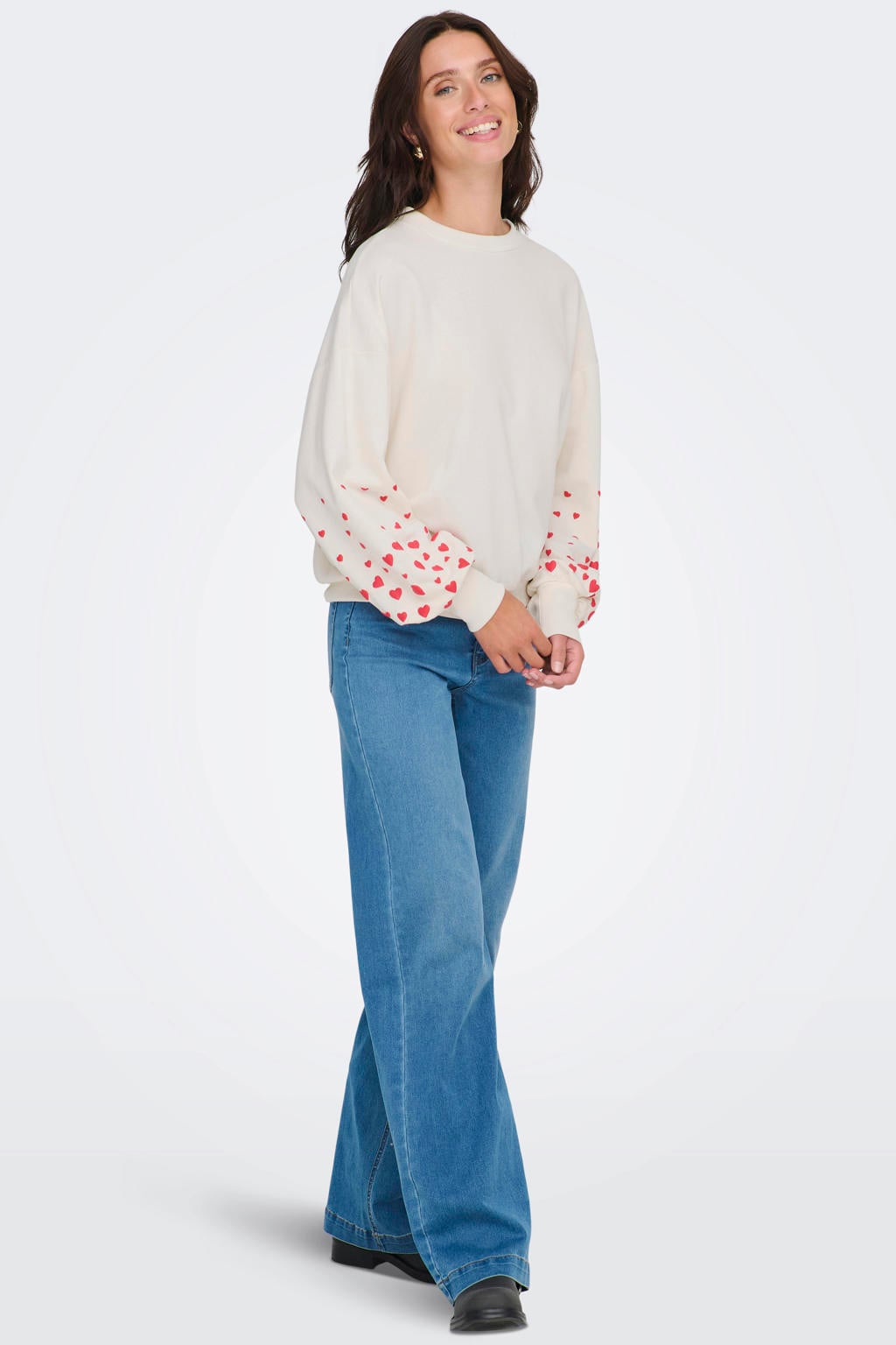 Ecru en rode dames ONLY sweater van katoen met bloemenprint, lange mouwen, ronde hals en borduursels