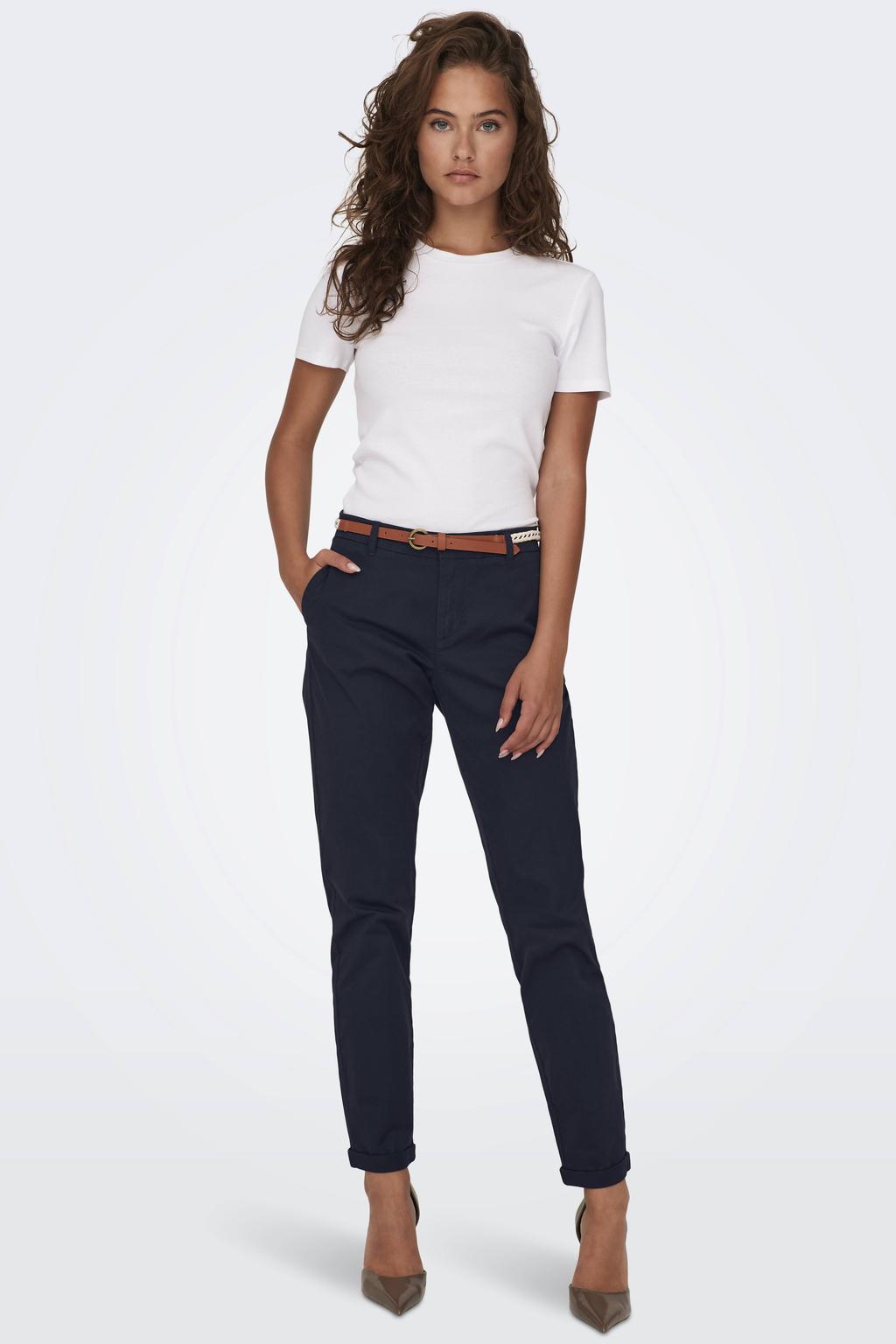 Donkerblauwe dames ONLY slim regular waist chino gebreid van katoen met effen