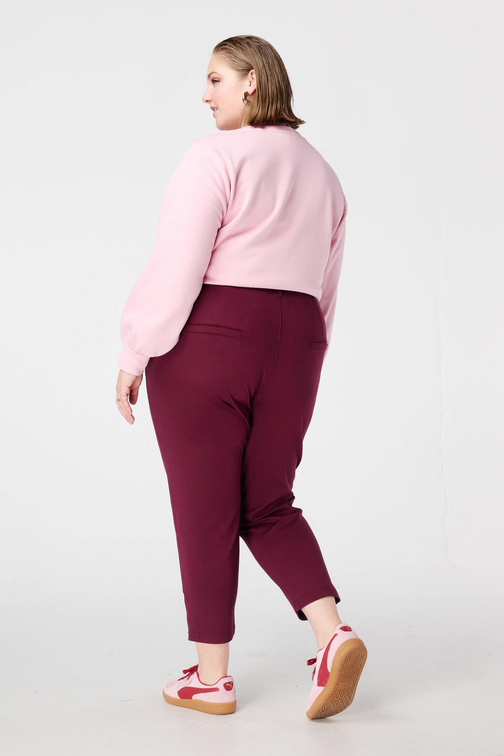Aubergine dames MS Mode tapered high waist casual broek van viscose met elastische tailleband met koord en effen