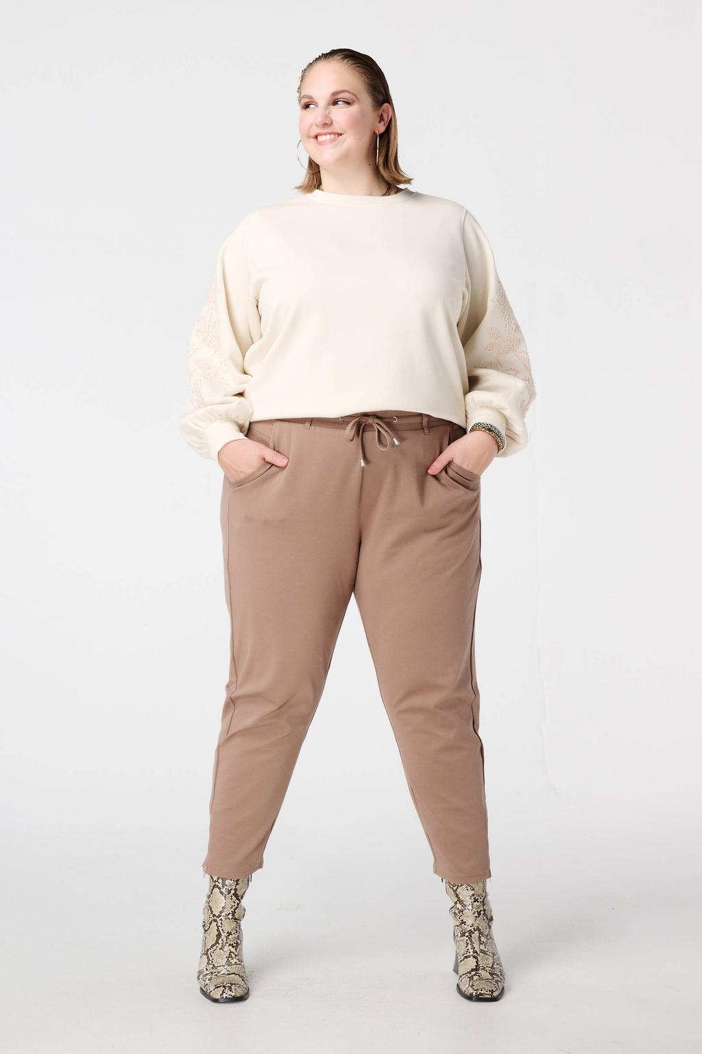 Zandkleurige dames MS Mode tapered high waist casual broek van viscose met elastische tailleband met koord en effen