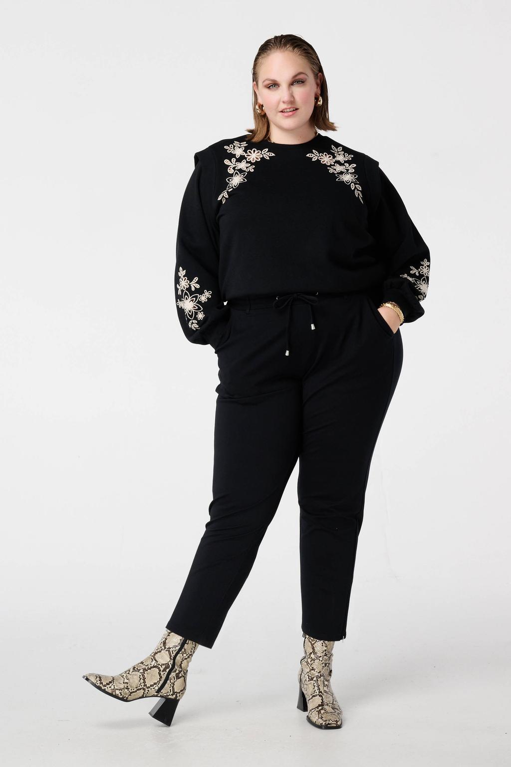 Zwarte dames MS Mode tapered high waist casual broek van viscose met elastische tailleband met koord en effen