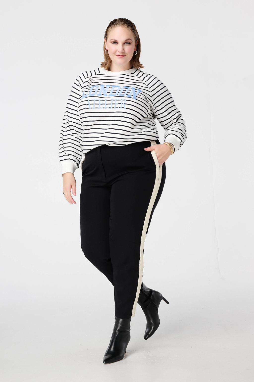 Zwarte dames MS Mode slim regular waist gestreepte casual broek van polyester met elastische tailleband