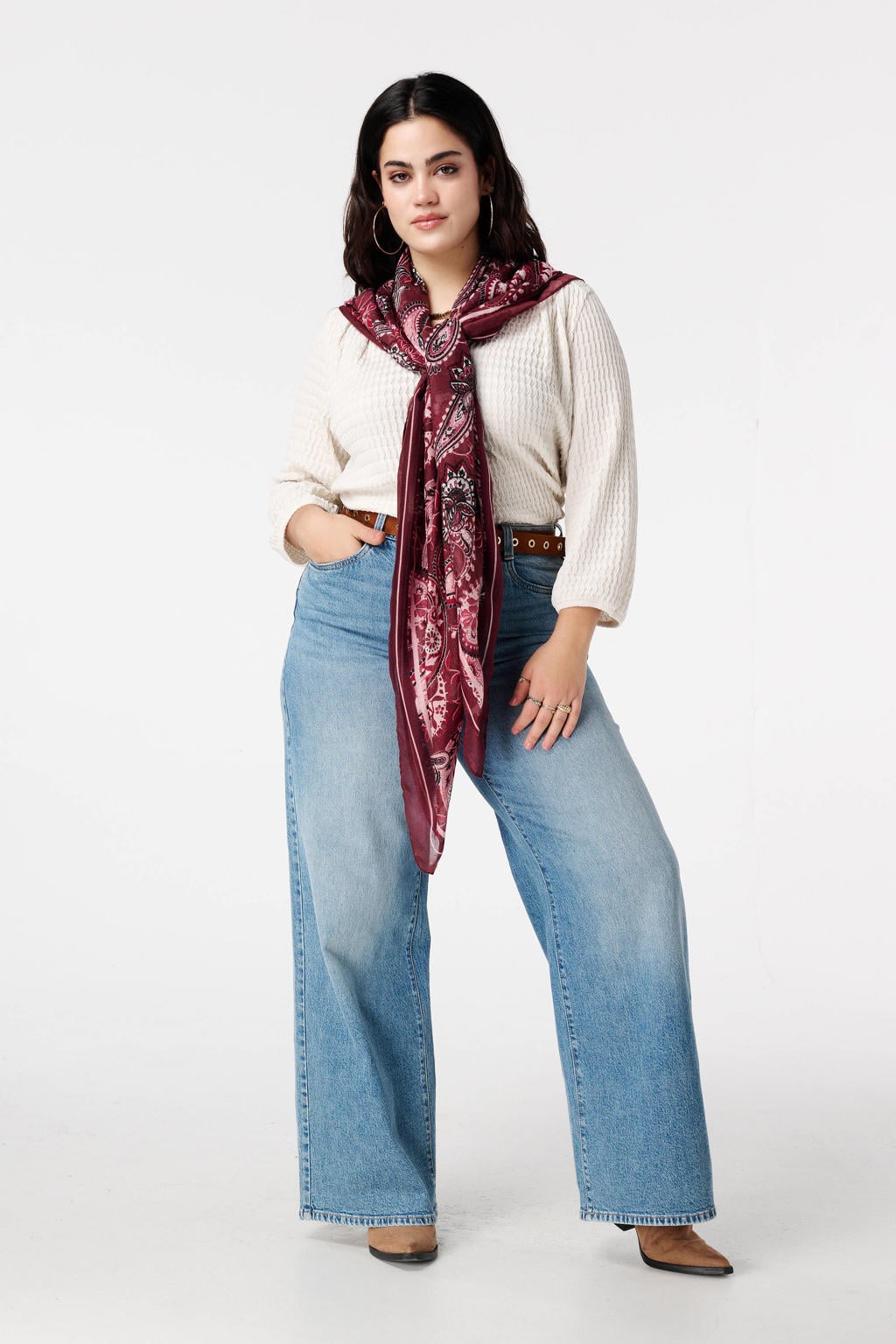 Ecru dames MS Mode blousetop van polyester met effen, driekwart mouwen, klassieke kraag en textuur