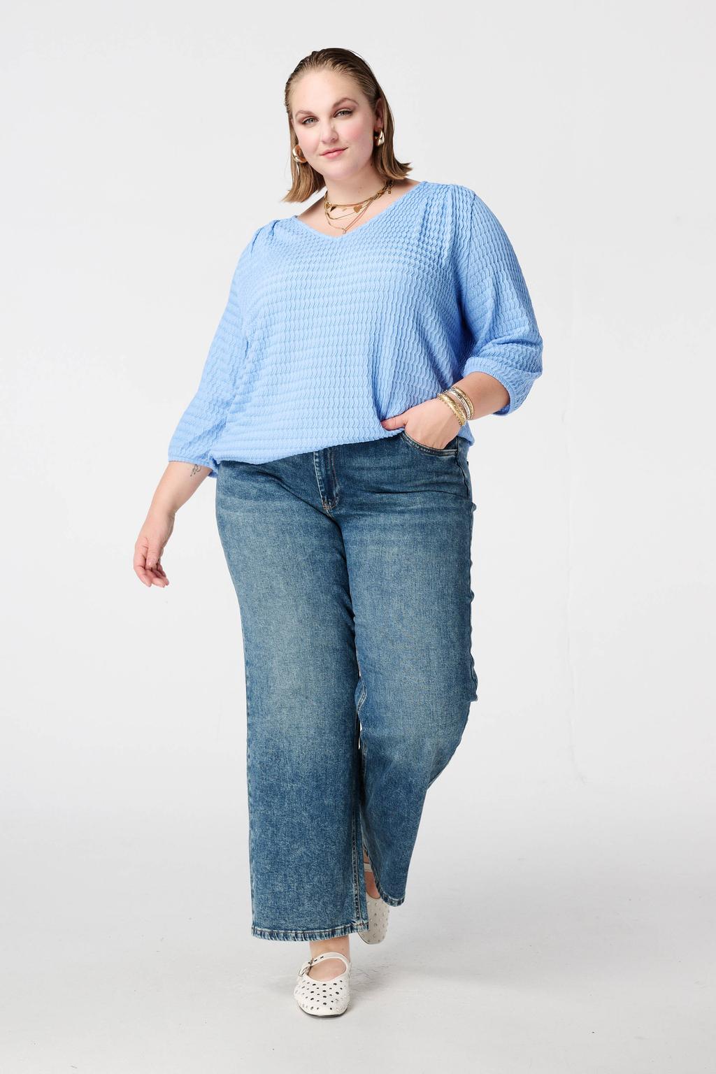 Blauwe dames MS Mode blousetop van polyester met effen, driekwart mouwen, klassieke kraag en textuur