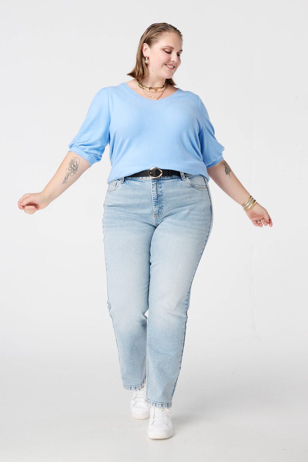 Blauwe dames MS Mode top van viscose met effen, half lange mouwen en V-hals