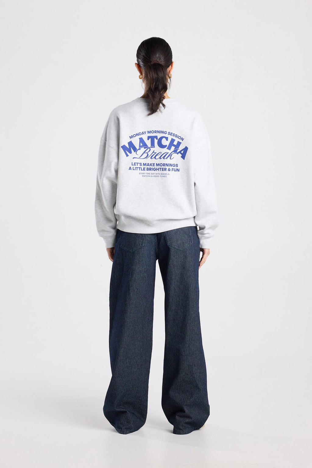 Grijze dames America Today sweater van katoen met backprint, lange mouwen, ronde hals en geribde boorden