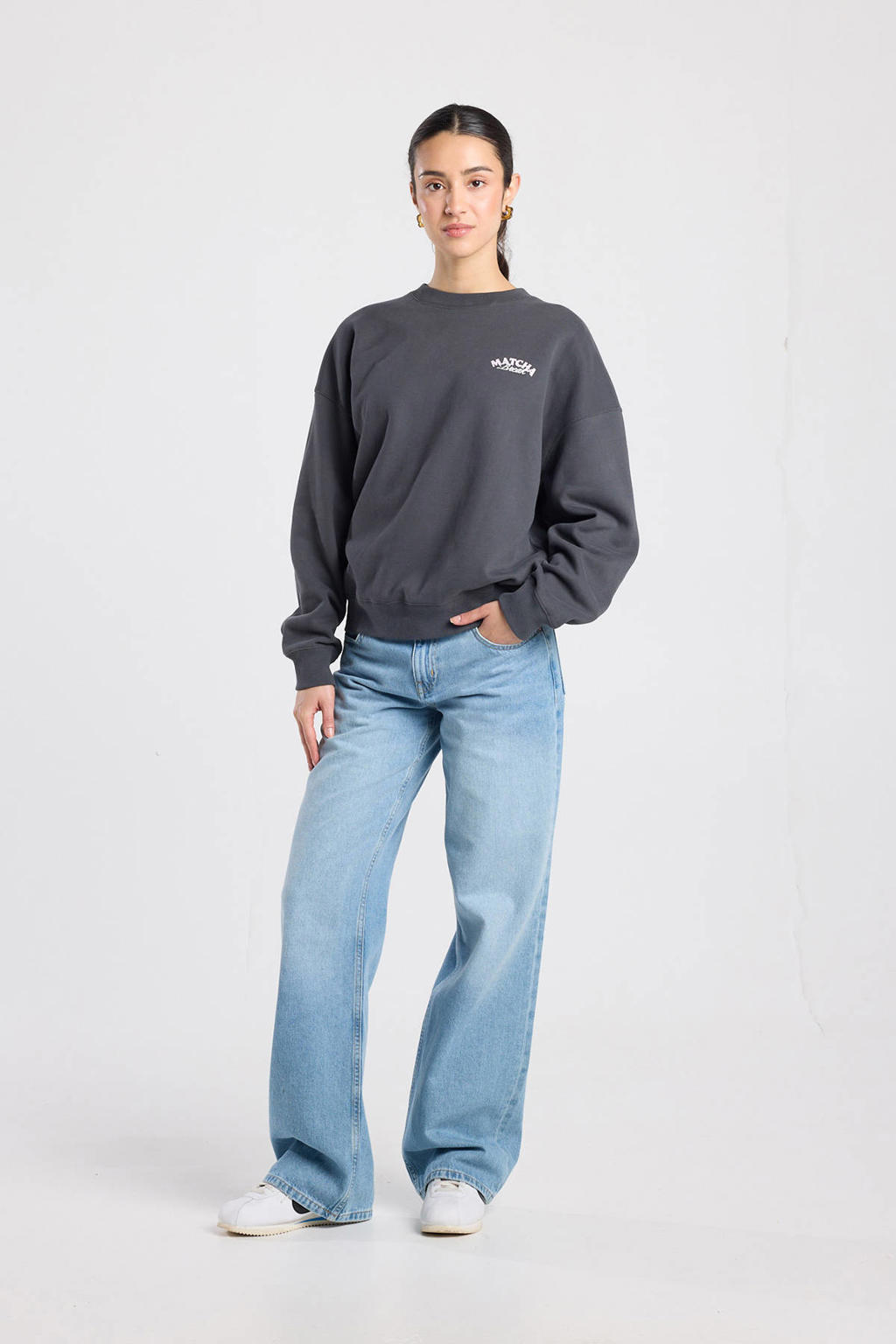 Grijze dames America Today sweater van katoen met backprint, lange mouwen, ronde hals en geribde boorden