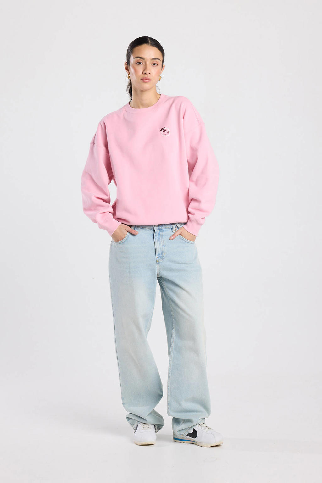 Roze dames America Today sweater van katoen met backprint, lange mouwen, ronde hals en geribde boorden