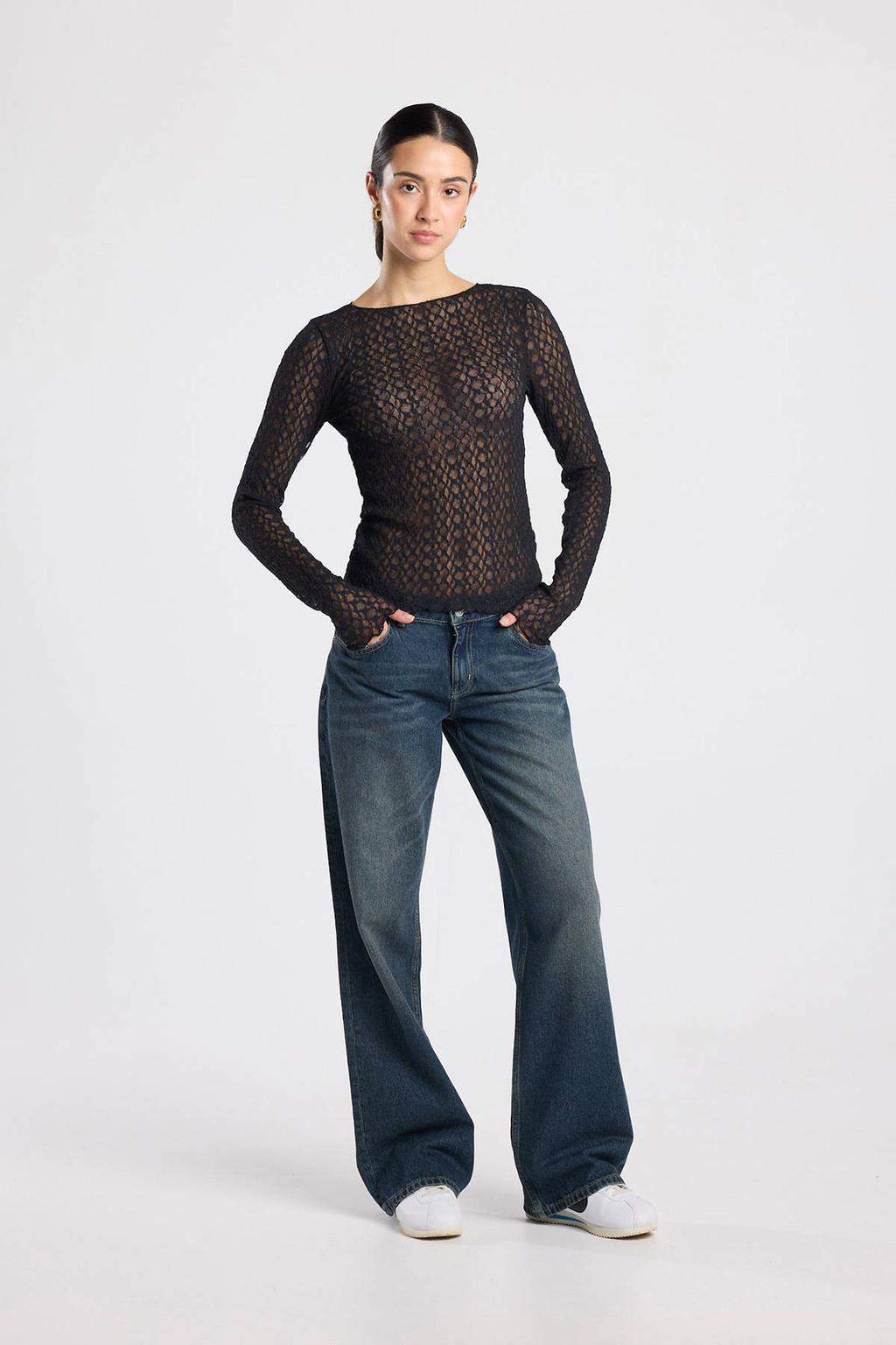 Zwarte dames America Today top van polyester met effen, lange mouwen, ronde hals en kant