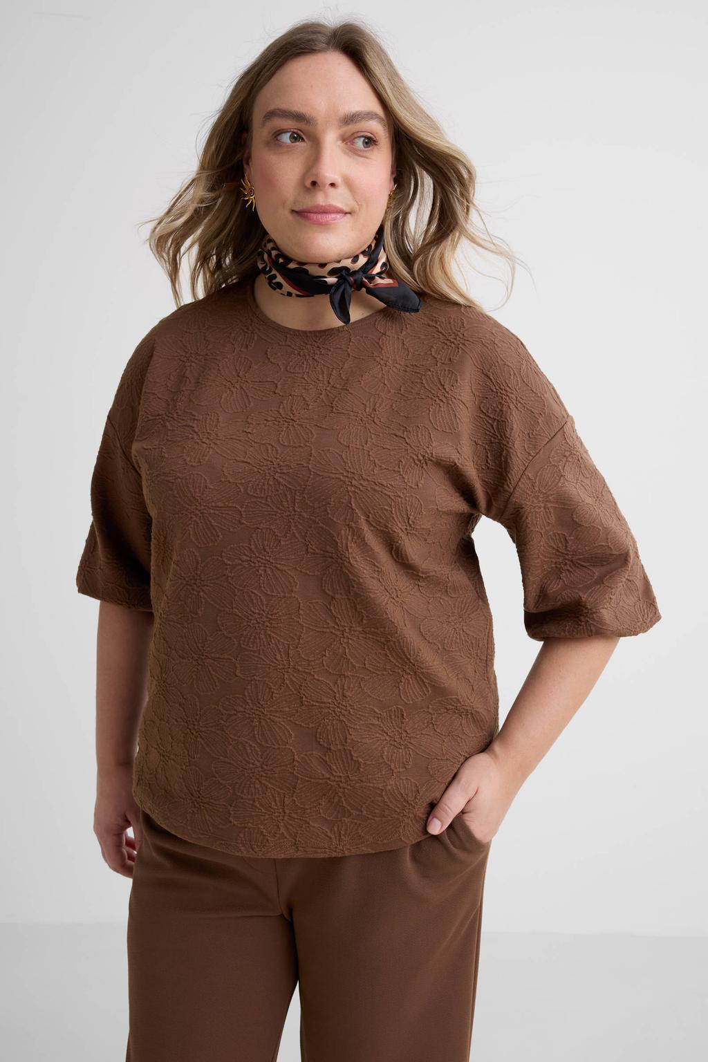 GREAT LOOKS jacquard sweater met bloemenmotief bruin