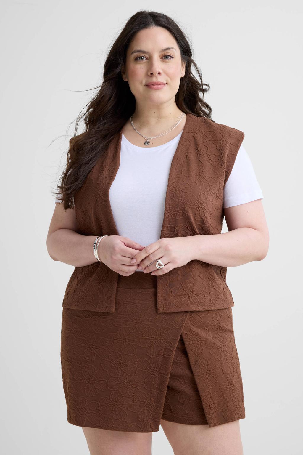 Bruine dames GREAT LOOKS jacquard gilet van katoen-polyester met bloemenprint en ronde hals