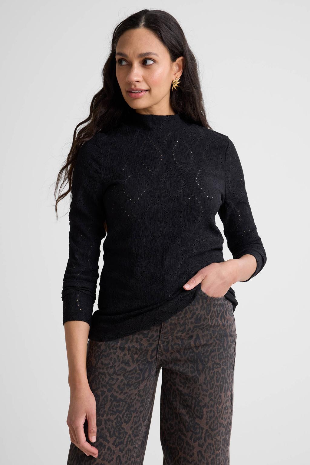 Zwarte dames Ruby top van polyester met effen, lange mouwen en broderie