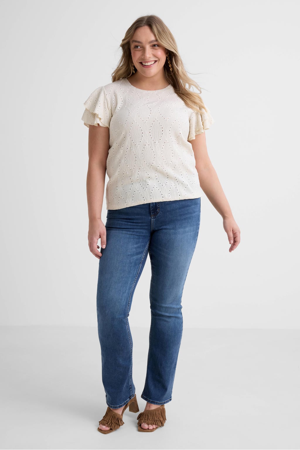 Witte dames GREAT LOOKS broderie top van polyester met effen, korte mouwen en ronde hals