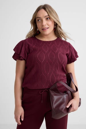 broderie top met ruches bordeauxrood