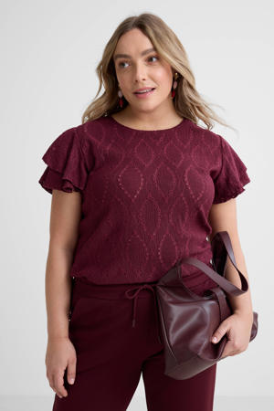 broderie top met ruches bordeauxrood