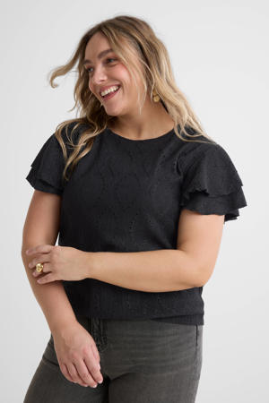 broderie top met ruches zwart