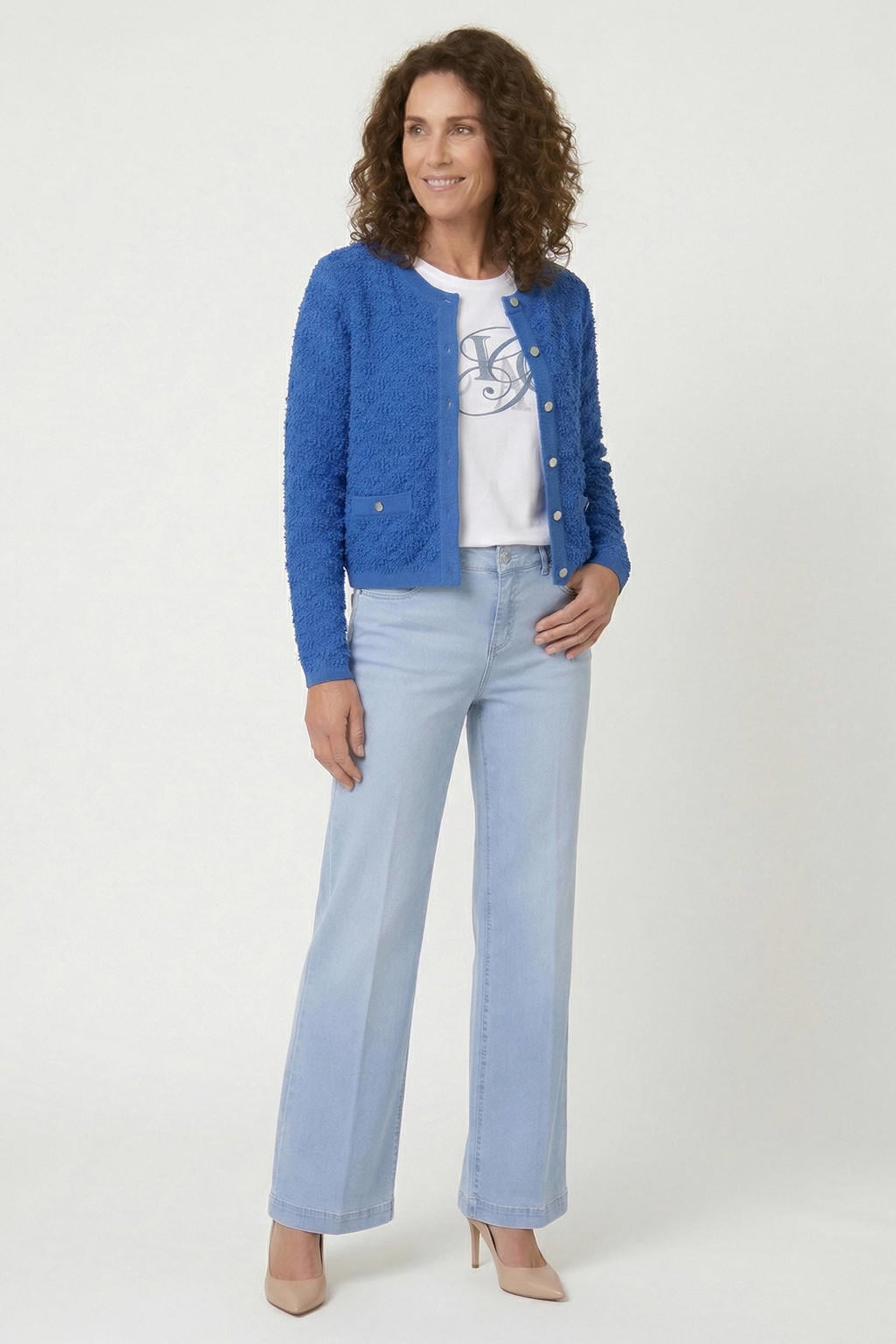 Blauwe dames gardeur vest gebreid van acryl met effen, lange mouwen, ronde hals en knoopsluiting