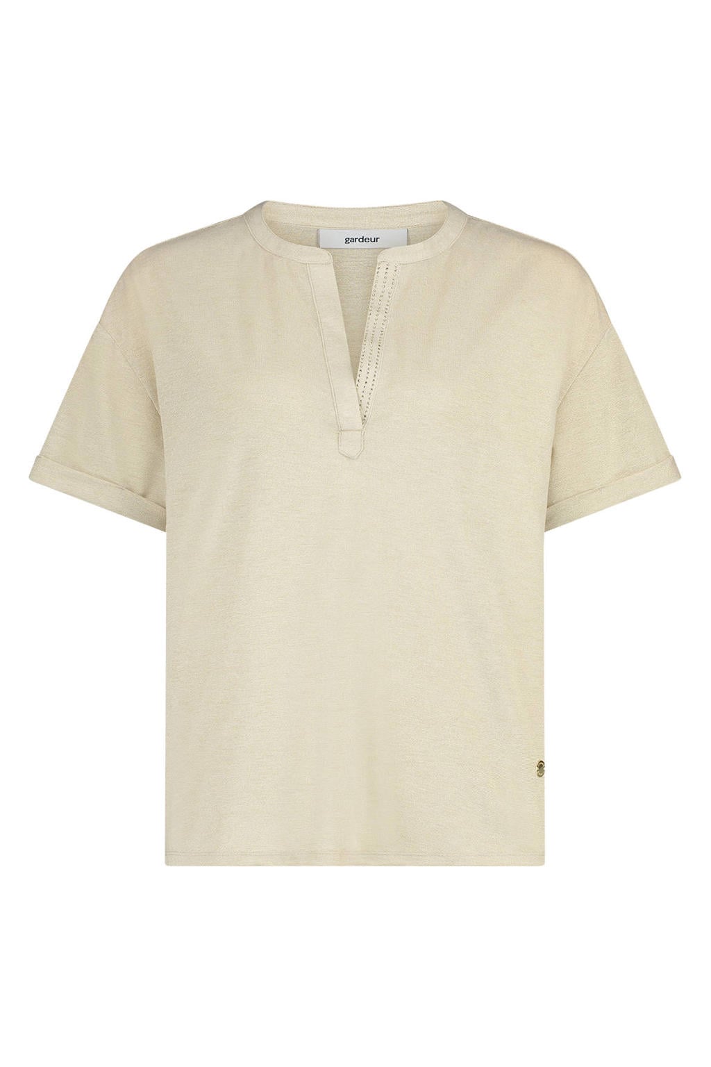 Beige dames gardeur blousetop van acryl met effen, korte mouwen, henleykraag en omslagdetail
