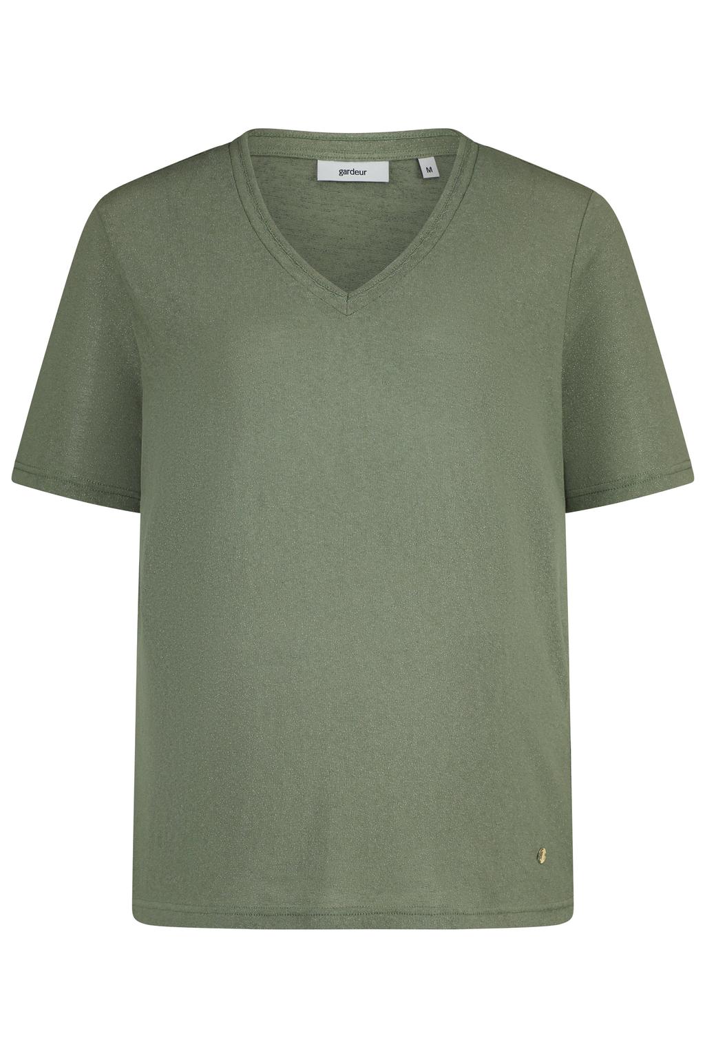 Kakikleurige dames gardeur T-shirt van katoen met effen, korte mouwen, V-hals en geweven detail