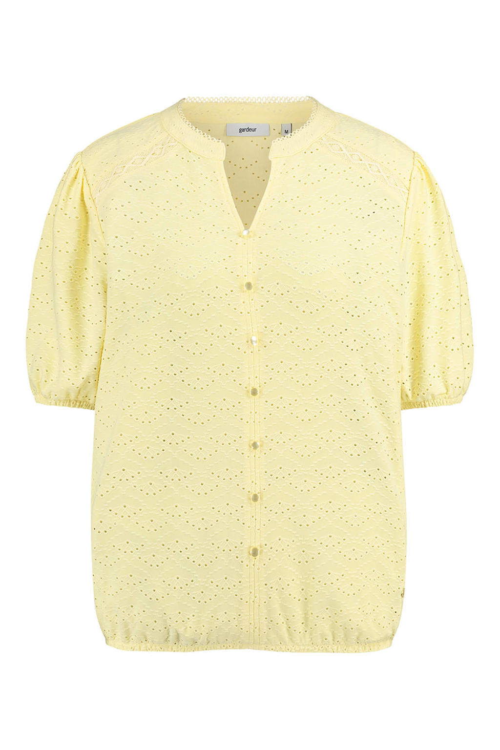 Gele dames gardeur blouse broderie van polyester met effen, driekwart mouwen, ronde hals, knoopsluiting en borduursels