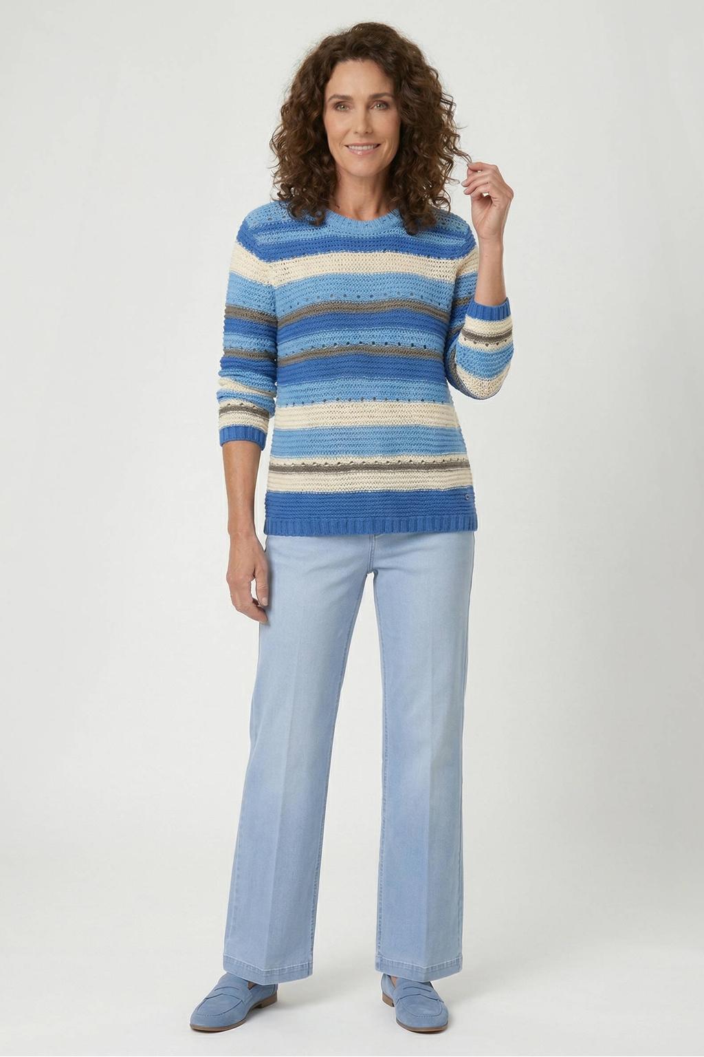 Blauw, wit en bruine dames gardeur gestreepte pullover gebreid van katoen met lange mouwen en ronde hals