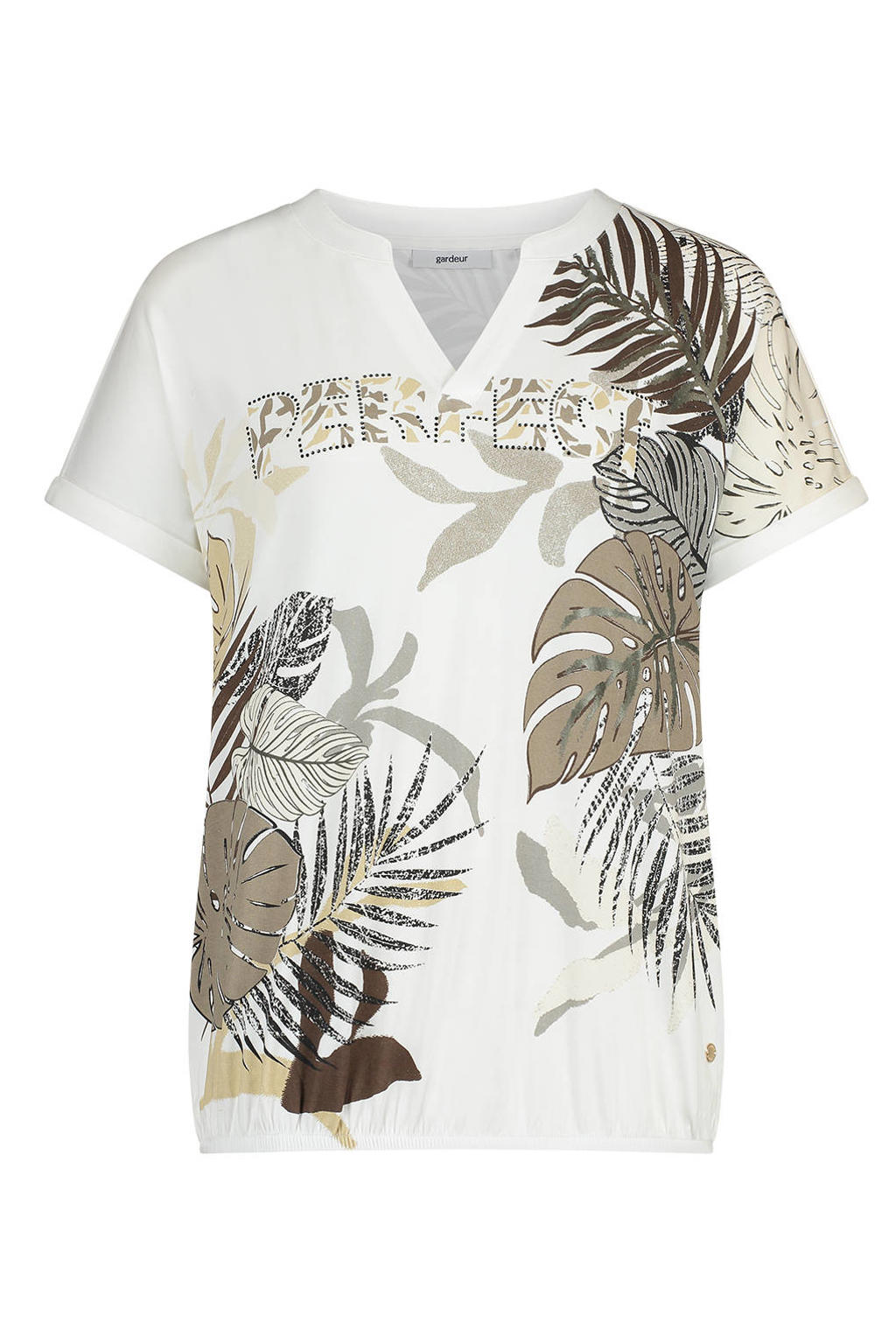 Ecru en beige dames gardeur top met bladprint, korte mouwen, V-hals en omslagdetail