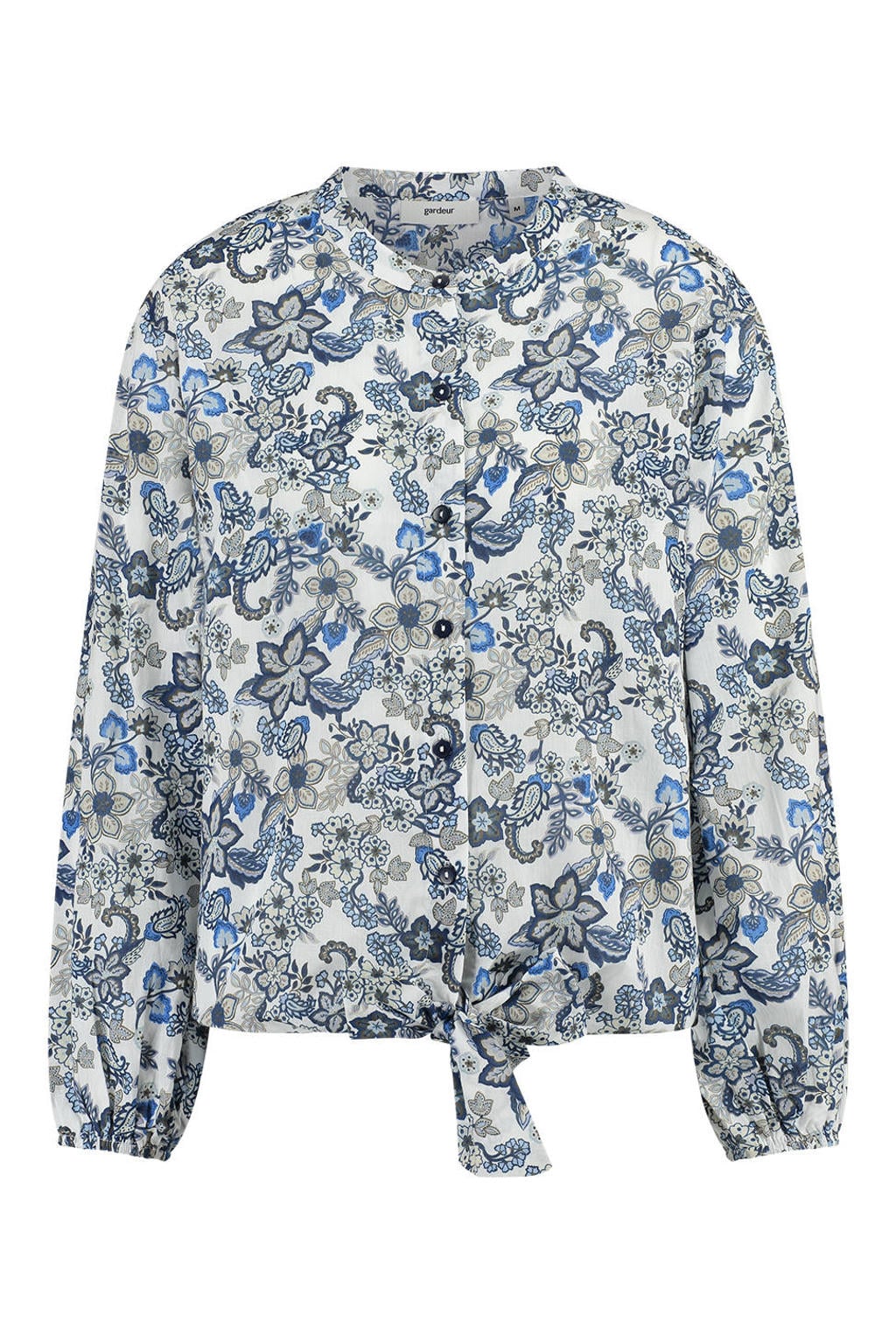 Blauw en witte dames gardeur gebloemde blouse van katoen met lange mouwen, ronde hals, knoopsluiting en geweven detail