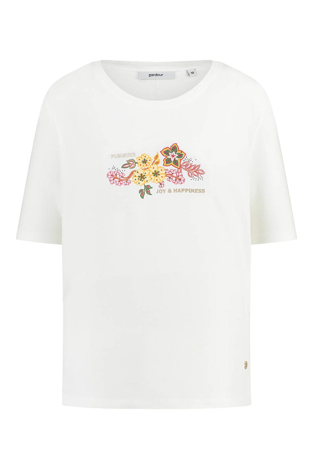 Wit en roze dames gardeur gebloemd T-shirt van katoen met korte mouwen, ronde hals en geweven detail