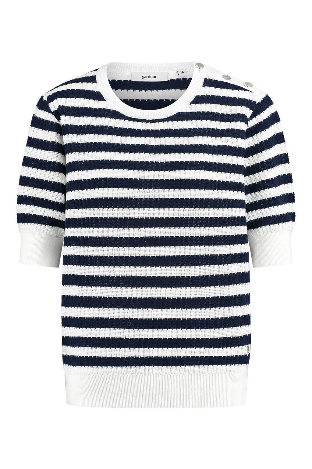 Blauw en ecru dames gardeur gestreepte sweater van katoen met driekwart mouwen, ronde hals en knoopdetail