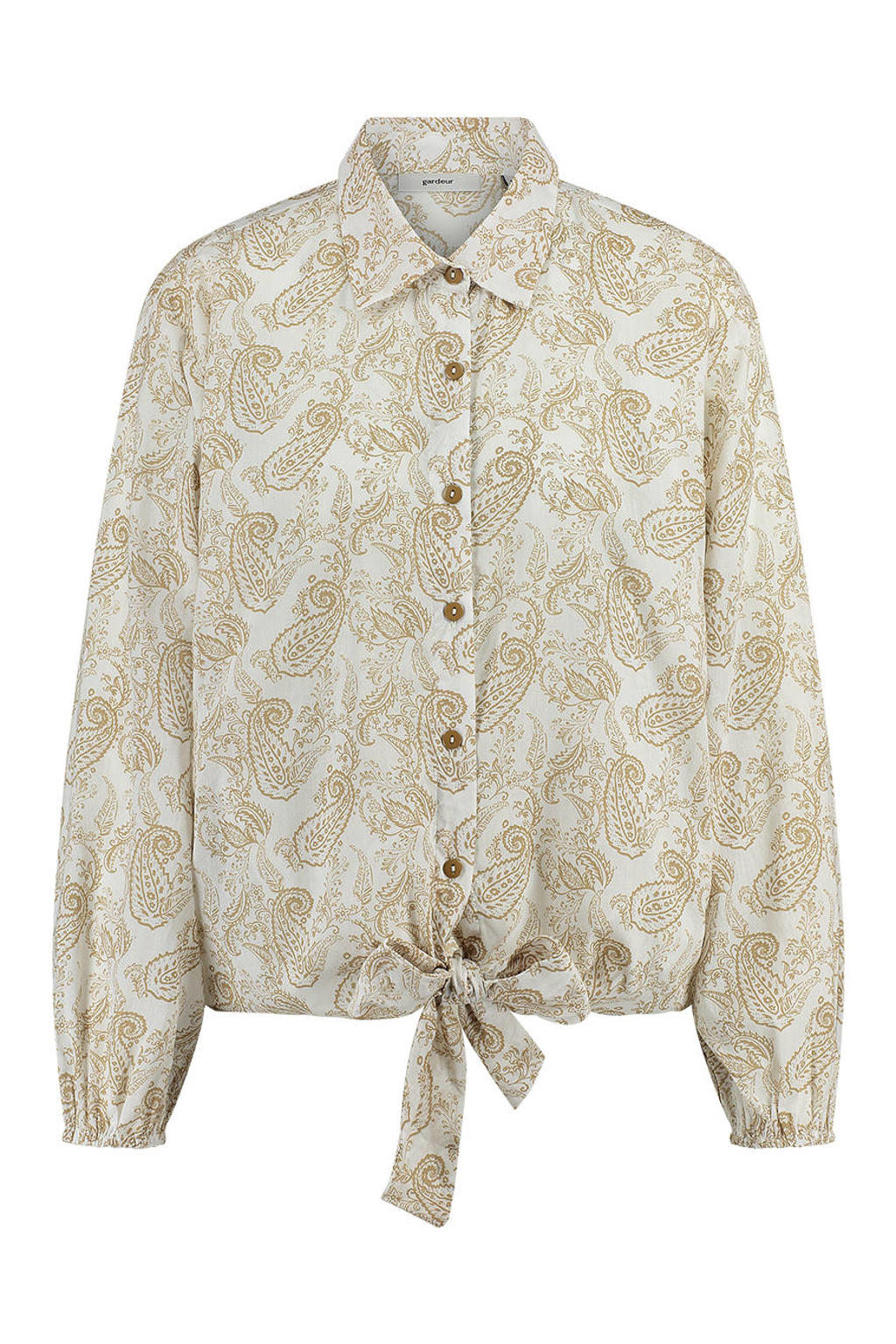 Zand en witte dames gardeur blouse print van katoen met paisley print, lange mouwen, klassieke kraag, knoopsluiting en geweven detail