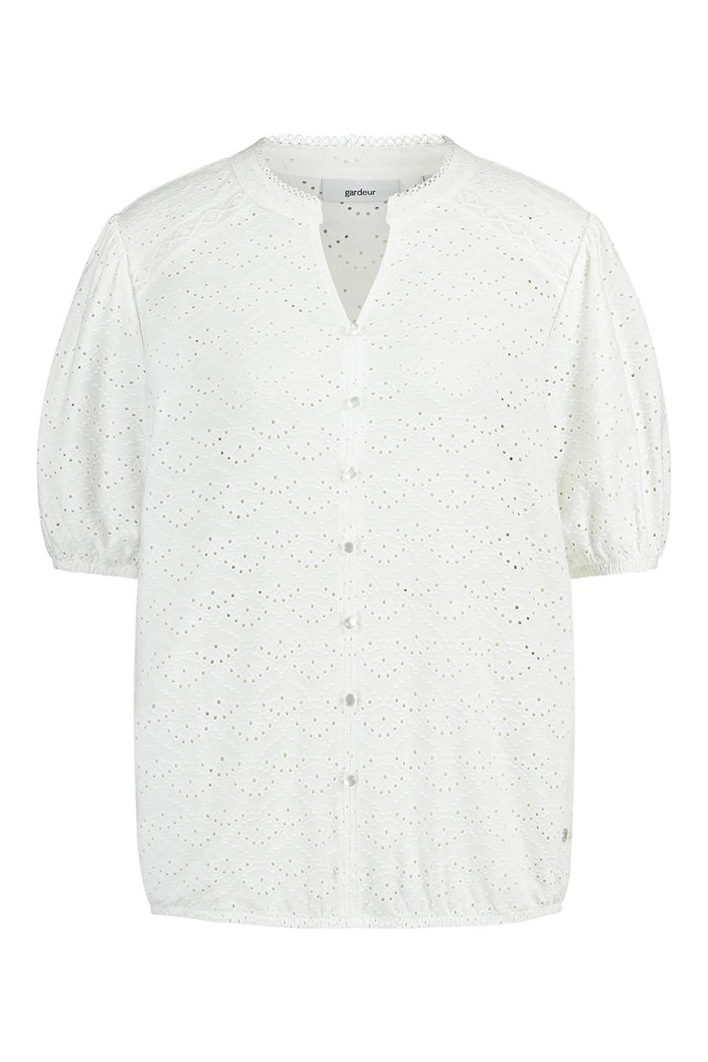 Crème dames gardeur blouse broderie van polyester met effen, korte mouwen, klassieke kraag, knoopsluiting en borduursels